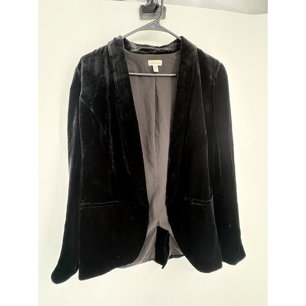 Garnet Hill Blazer Womens 8 Black Silk Blend Velvet Open Front Jacket